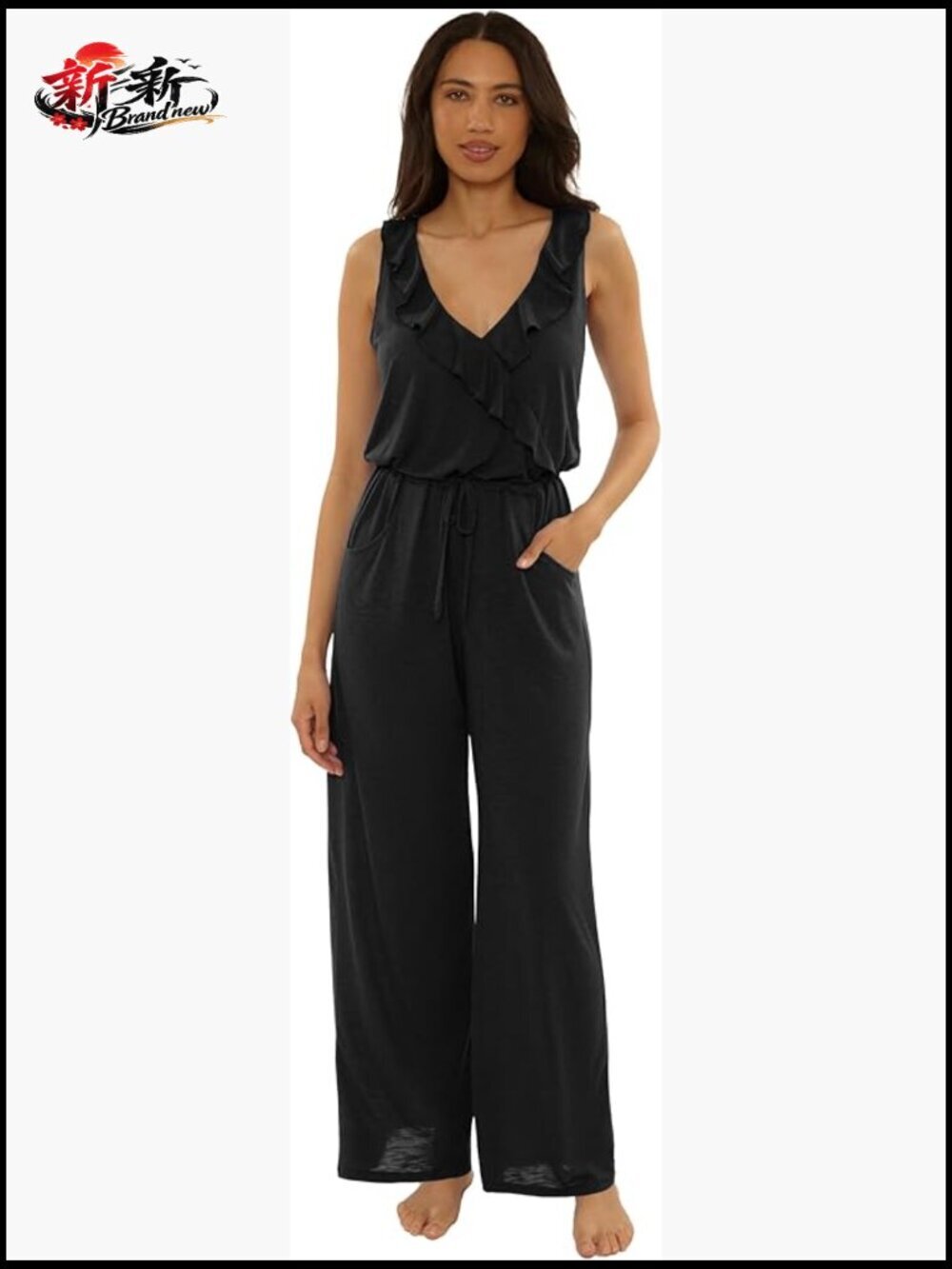 Polyester Rayon Jumpsuit with Ruffle Neck, Beach Cover Up